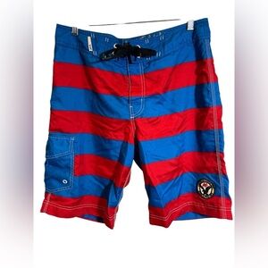 American Eagle Men’s Red And Blue Striped Board Shorts Swim Trunks Med